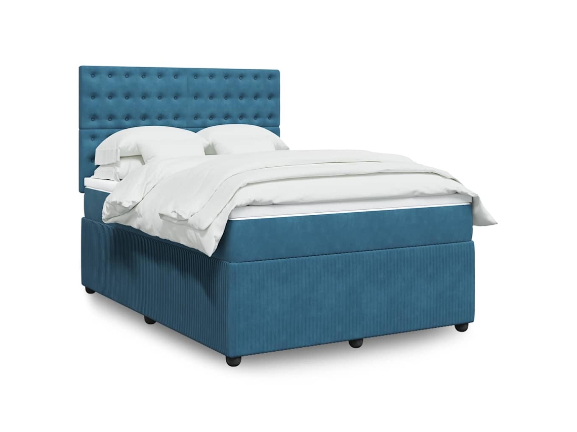 Cama Box Spring Con Colchón Terciopelo Azul Oscuro 160x200 Cm
