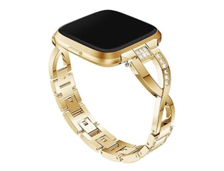 Pulsera con banda de reloj de acero inoxidable macizo con tachuelas de diamantes en forma de X para Fitbit Versa Lite Gold VENISYMLIS
