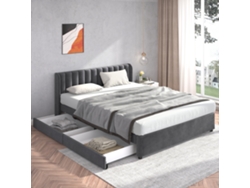 Cama Tapizada En Terciopelo, Gris, 180x200 Cm, Somier De Láminas, 2 Cajones.