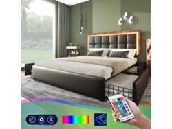 Lit Rembourré Con Led Y 4 Cajones - 160x200 Cm - Cabecero Ajustable En Altura - En Cuero Sintético Negro