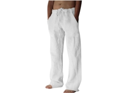 Pantalones Casuales De Algodón Y Lino Para Hombres Con Cintura Elástica Transpirables Y Cómodos De Pleno Largo L Blanco