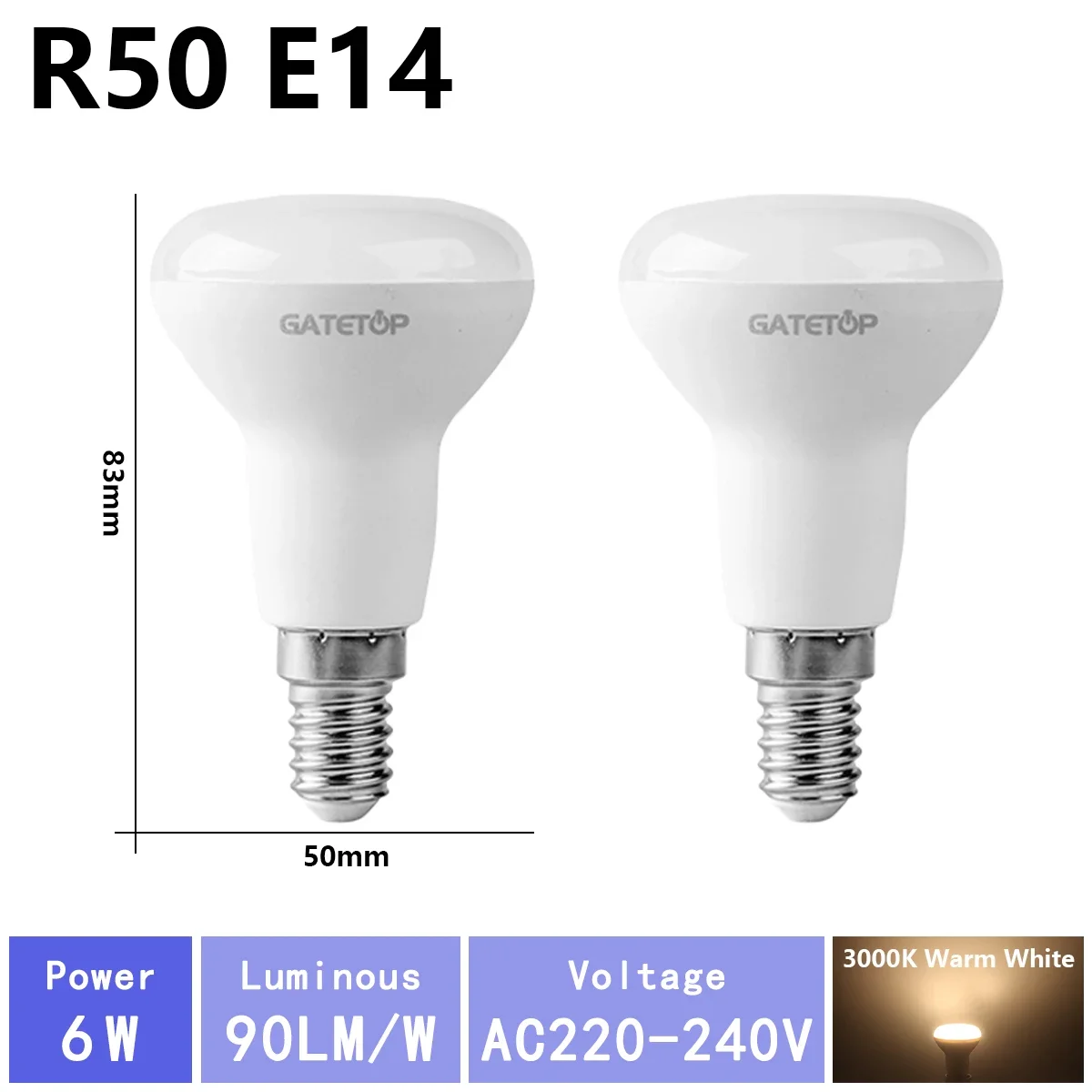 (r50 3000k, Ac220v-240v) 2 Bombillas Led, Ac220v, Aptas Para Iluminación De Baño.