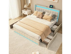 Cama Tapizada 140x190 Cm, Cama De Matrimonio, 4 Cajones, Usb Tipo C, Led Con Control Por App, Tejido De Lino - Beige
