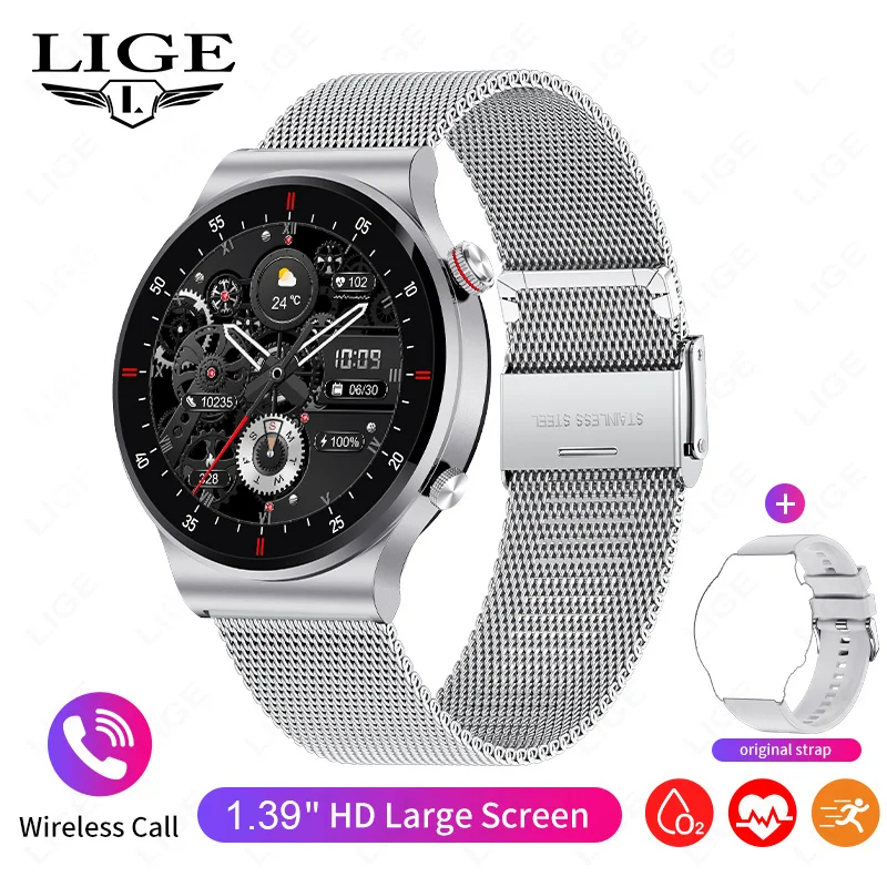 Reloj inteligente NFC (plateado, con correa de malla), llamadas Bluetooth, control de la presión arterial, pronóstico del tiempo y otras funciones.