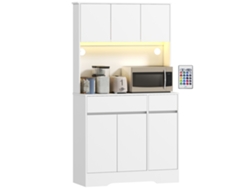 Aparador De Cocina, Mueble Alto Con Iluminación Led Rgb, Encimera, 6 Puertas, 2 Cajones, Blanco.