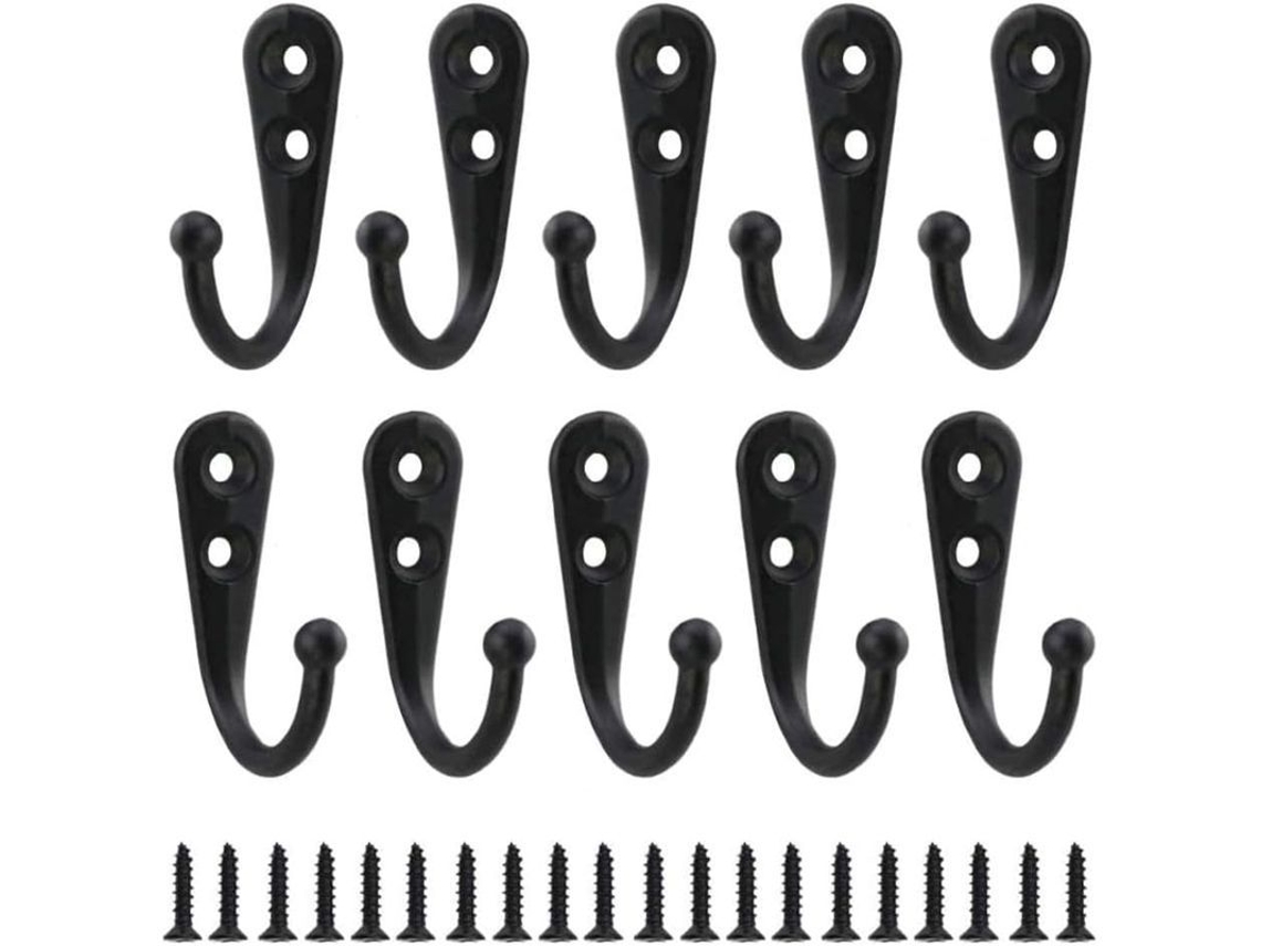 2026-10 Ganchos Individuales Negros De Zinc Aleación Para Pared, Perchas Para Abrigos Con Tornillos De Montaje