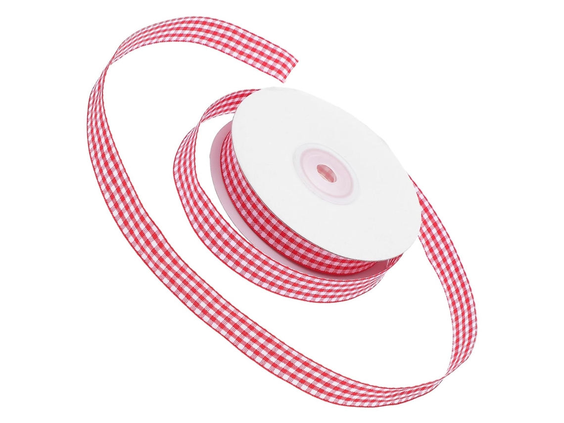 Cinta De Poliéster A Cuadros Rojos De 1,6 X 22 Cm Para Envoltorios De Regalo.