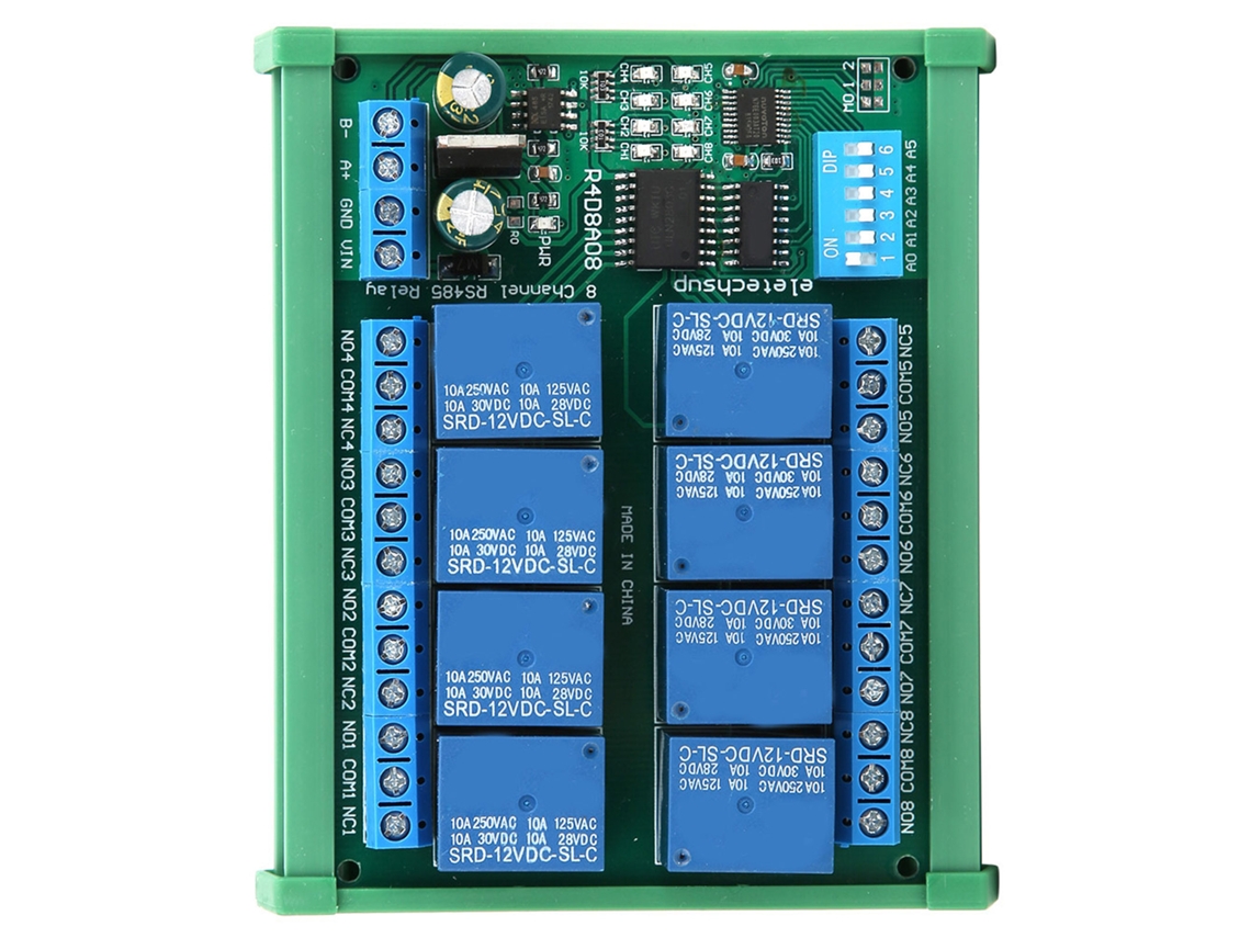 Placa de expansión de relé RS485 de 8 canales y 12 V para control remoto, protocolo RTU R4D8A08-R con caja de riel DIN