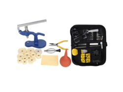 Kit de herramientas para reparación de relojes con abridor de cajas y prensa.