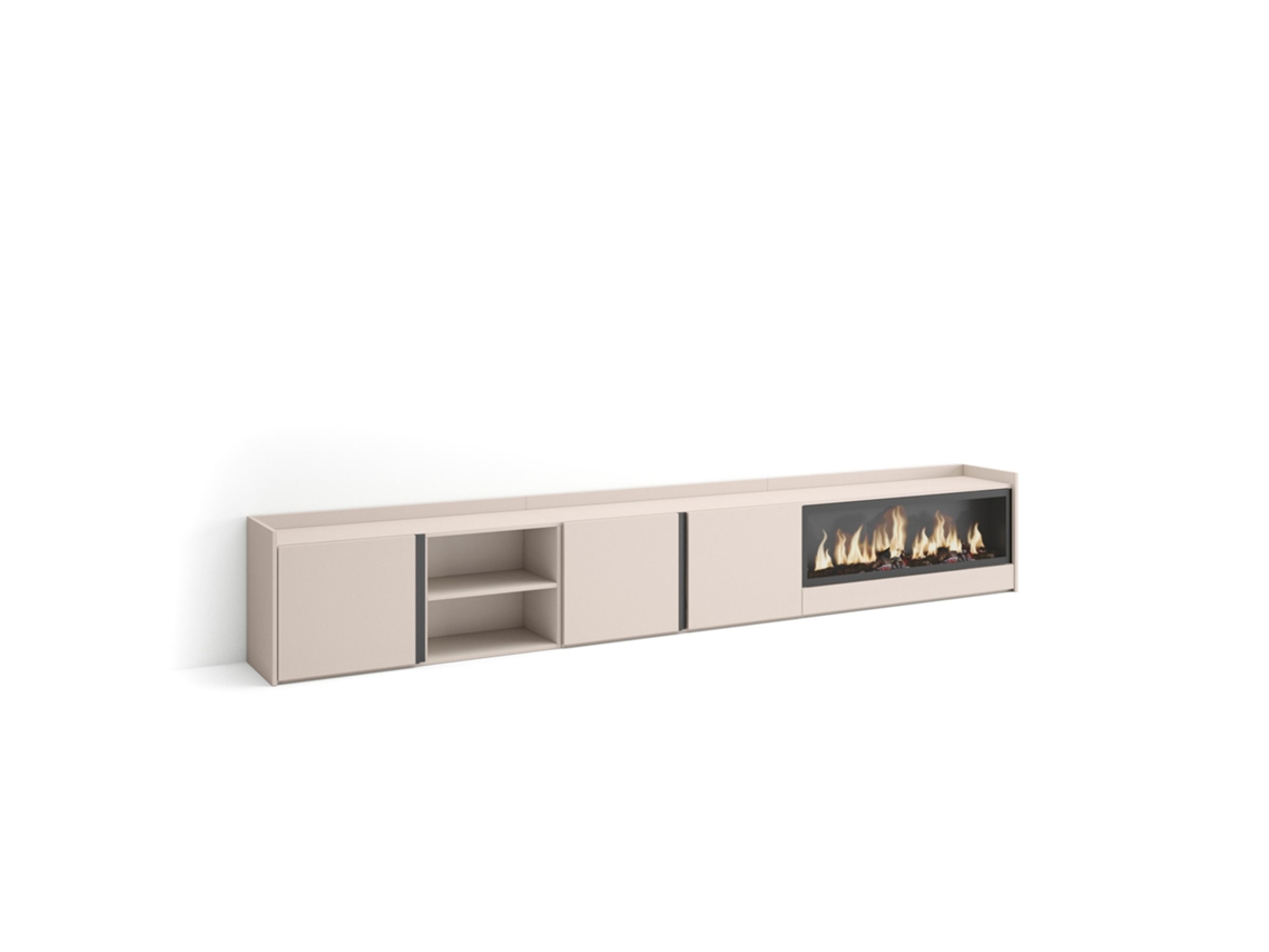 Mueble Tv, Televisión, 315x35x50cm, Para Tv Hasta 80", Chimenea Eléctrica Xxl, Beige
