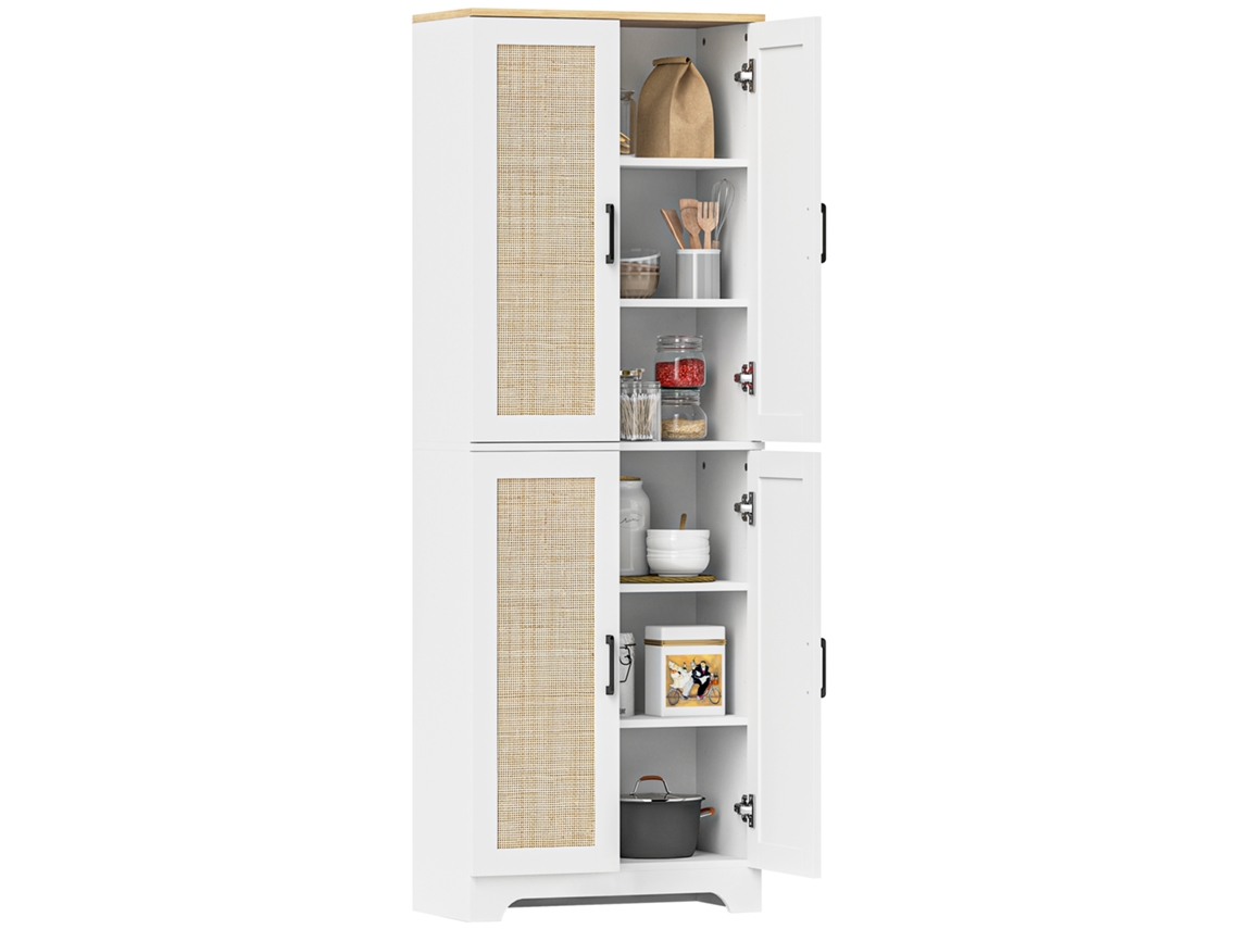 Mueble De Cocina Con Puertas De Ratán, Diseño Antivuelco, 60x30x170cm, Blanco.