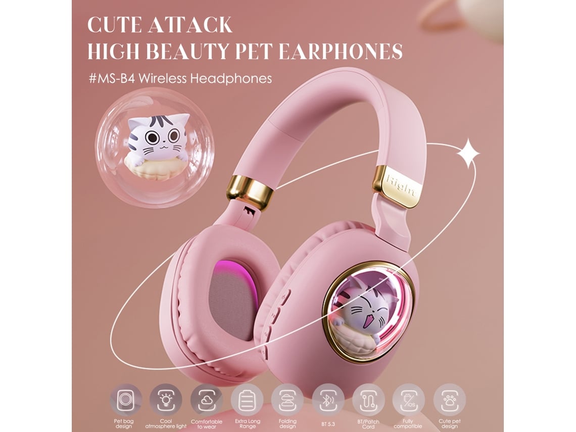 Auriculares Inalámbricos Supraaurales Bt5.3 Con Un Bonito Diseño De Animales Y Luces Ambientales Coloridas Para Juegos.