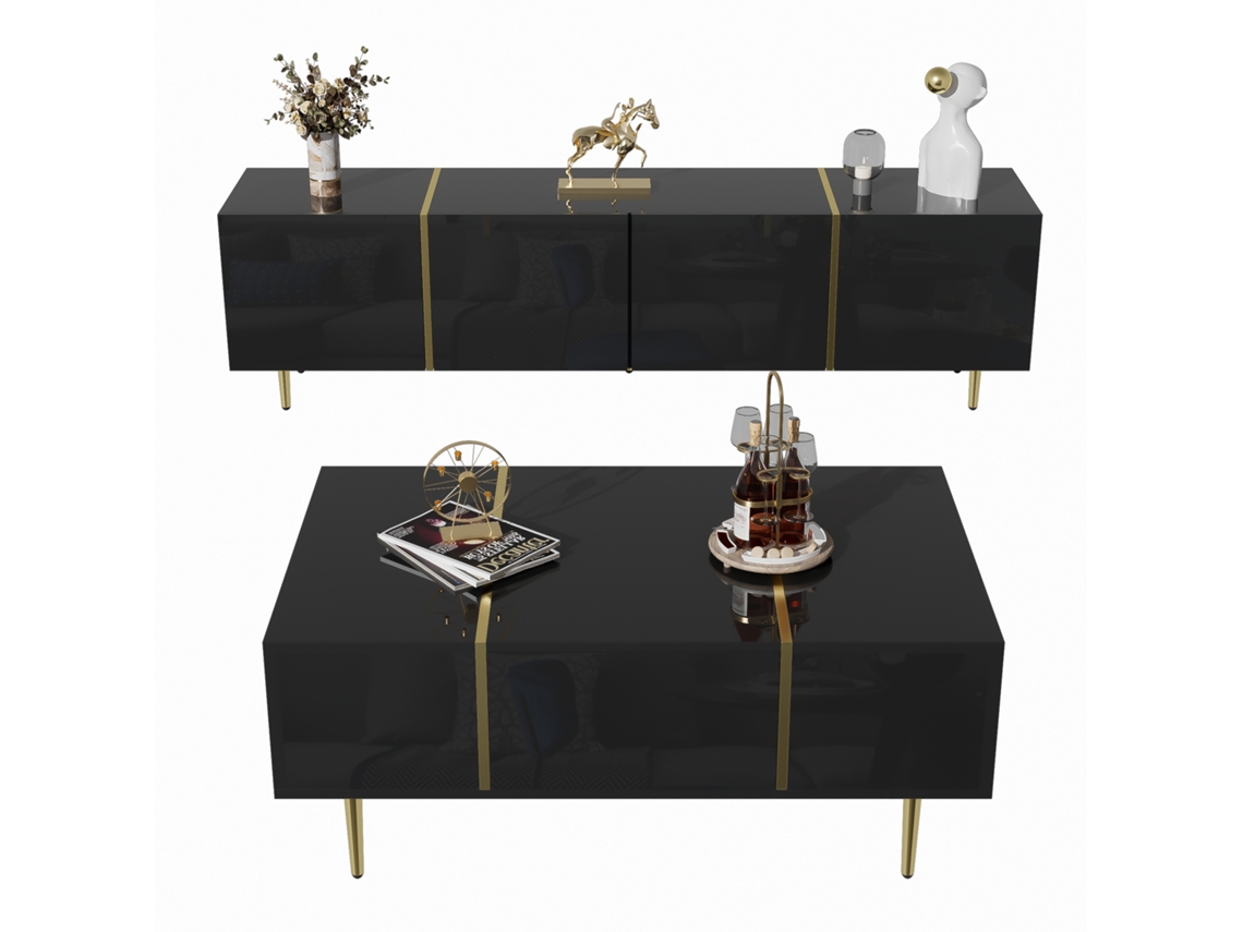 Conjunto Mueble Tv Y Mesa Centro Negro Brillante Salón Moderno