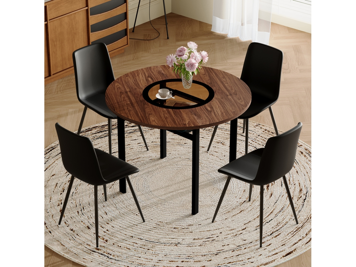 Conjunto Mesa Redonda 100 Cm - Con 4 Sillas De Pu Negro Y Cajón Integrado - Marrón+negro