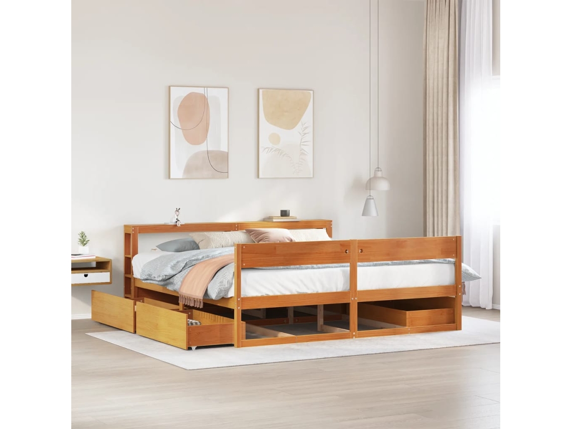 Cama Sin Colchón Madera Maciza De Pino Marrón Cera 180x200 Cm
