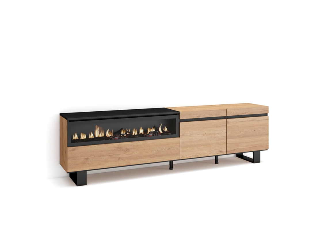 Mueble TV Televisión 200x57x35cm Para TV hasta 80 Chimenea eléctrica Diseño industrial Roble y negro