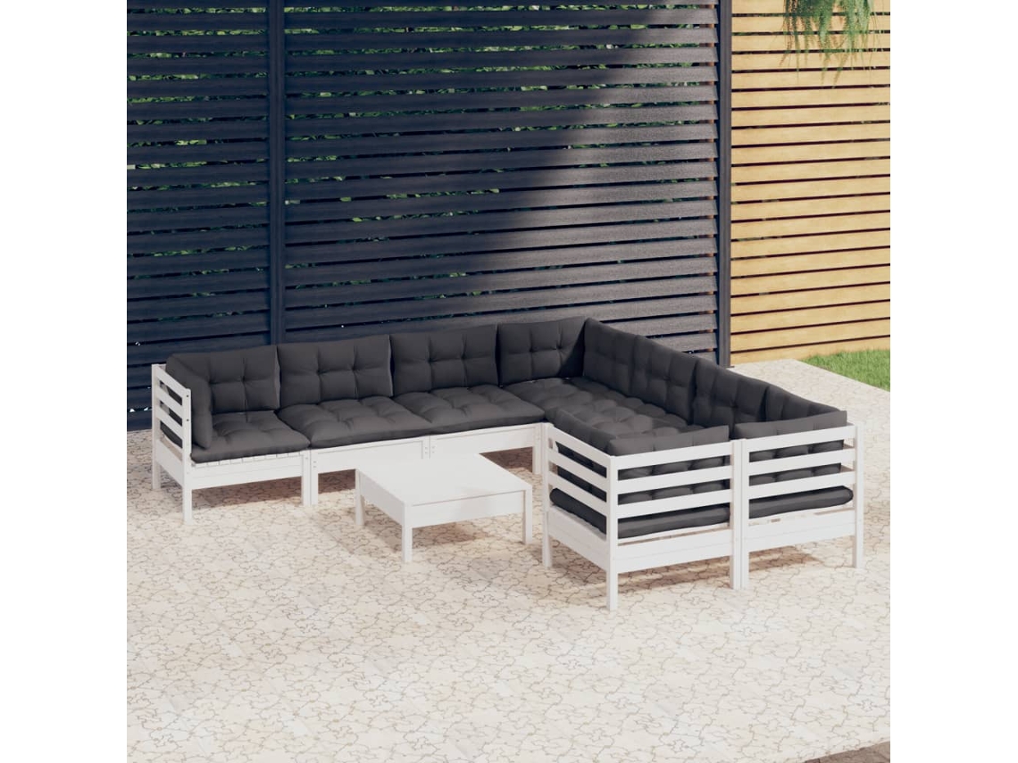 9 Piezas Conjunto Lounge De Jardim C/ Almofadões Pinho Branco Dkd Home Decor