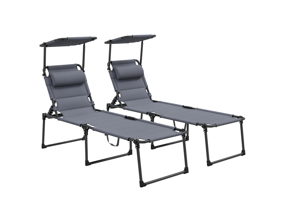 Juego 2 Tumbonas Plegables, Respaldo, Parasol, 70x200x45cm, Gris