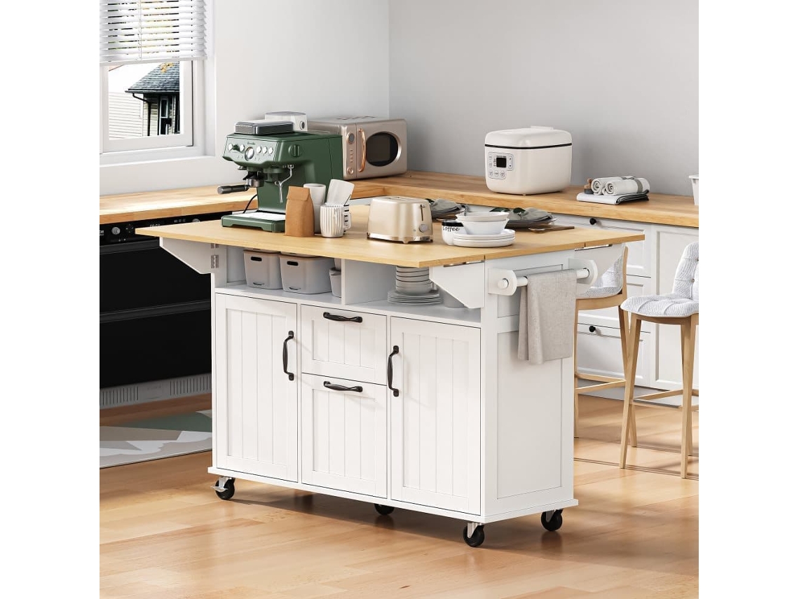 Isla De Cocina Móvil 120×40-60-80×92 Cm - Mesa Extensible, Con Cajones Y Toallero, Blanco
