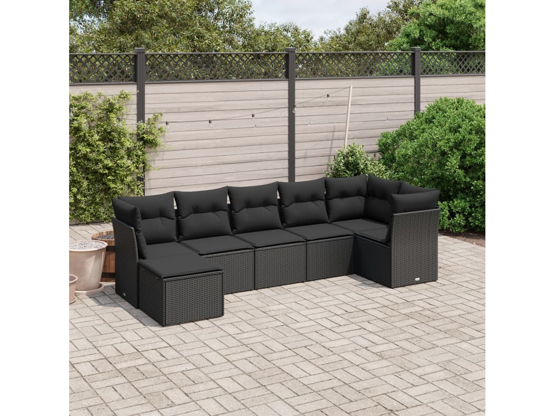 Conjunto de sofá de jardín de 7 piezas con cojines, ratán negro, Dkd Home Decor