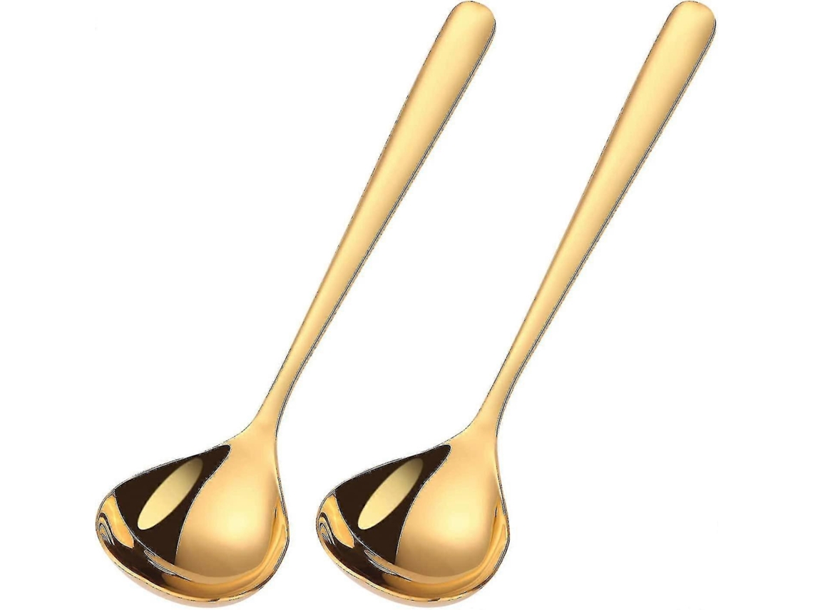 2 cucharas pequeñas de acero inoxidable con cobertura dorada para salsa
