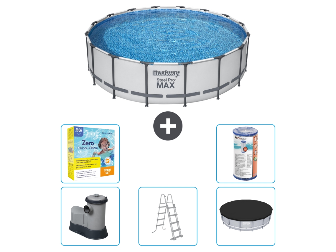 Piscina BESTWAY Round Steel Pro MAX - 488 x 122 cm - Gris - Bomba incluida - Escalera - Cobertor Paquete de mantenimiento - Filtrar