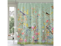 Cortina de ducha verde impermeable y resistente al moho con diseño de pájaros y flores