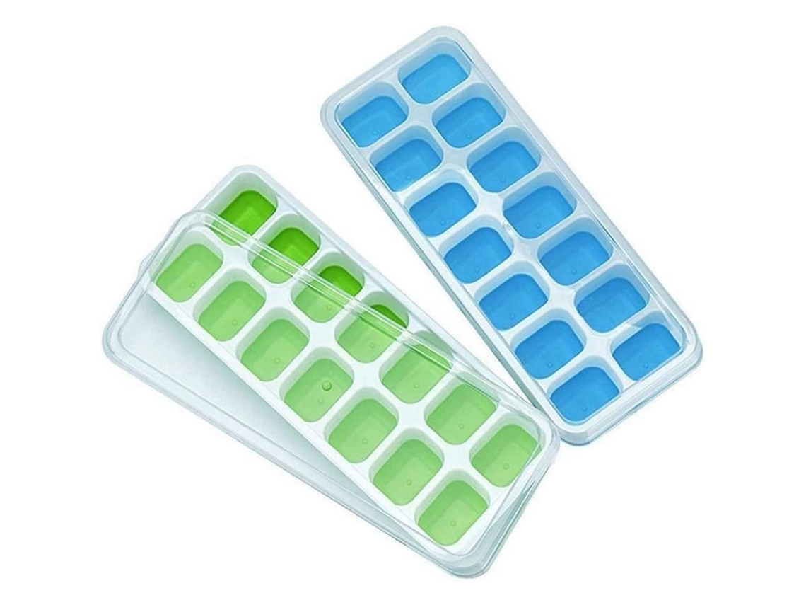 Bandejas de silicona para cubitos de hielo 2026, flexibles con tapa a prueba de fugas, 14 cubitos por bandeja, fácil desmolde, paquete de 2 unidades para bar y hogar.