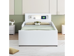 Cama infantil con cajón 90x200 cm - Con LED y puerto USB - En piel sintética - Blanco