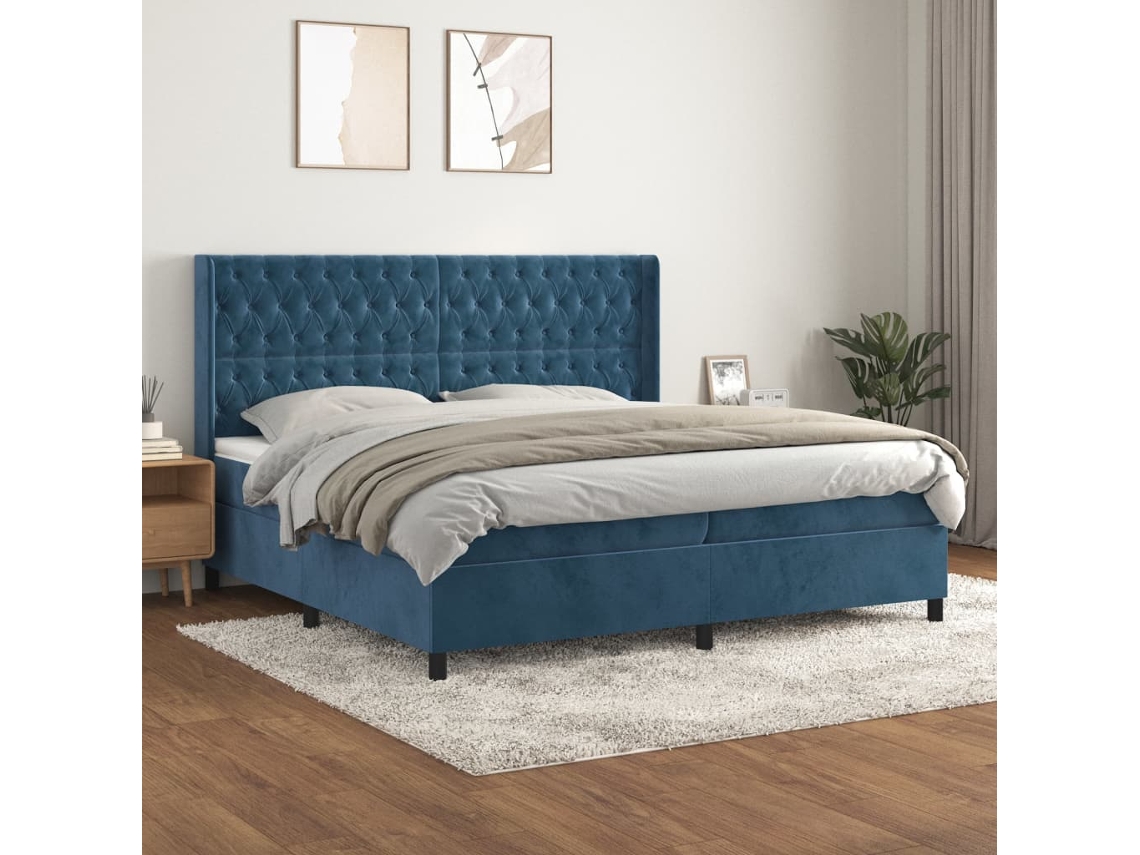 Cama Box Spring Con Colchón Terciopelo Azul Oscuro 200x200 Cm
