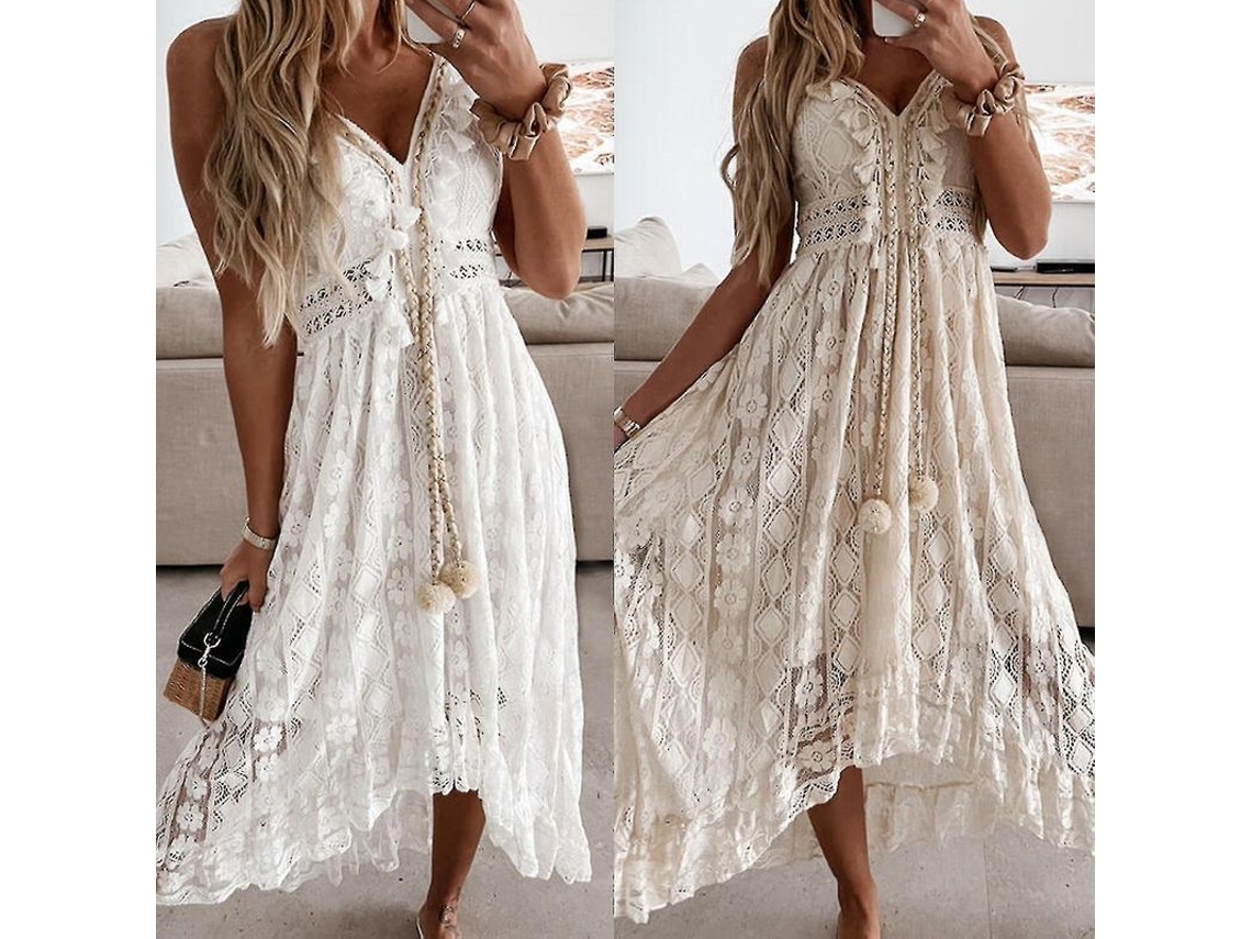 2026-vestido Midi De Encaje Con Tirantes, Falda Ancha Y Cuello V, Elegante Y Sexy Para Fiesta De Verano