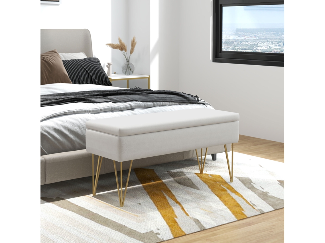 Banco Estofado Aos Pés Da Cama Em Linho Sintético Com Pés De Aço E Assento Acolchoado Creme.