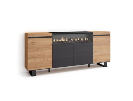 Aparadores para salón, 200x87x35cm, 4 Puertas, Chimenea eléctrica, Diseño industrial, Roble y negro