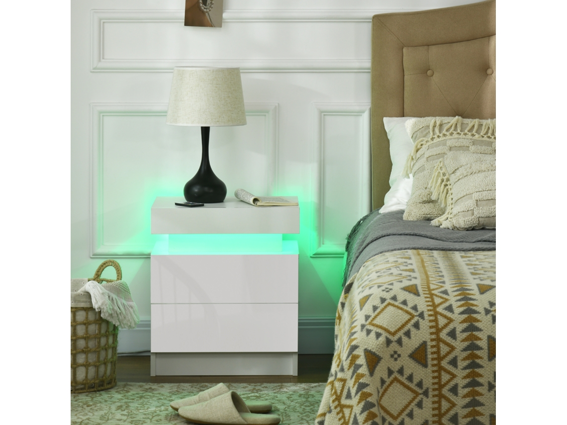 Mesa De Cabeceira Branca Com Luz Led, Frente Em Alto Brilho, 2 Gavetas E Controle Remoto, 45x35x52 Cm