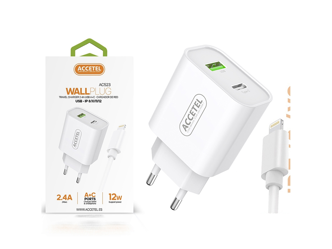 Cargador ACCETEL iPhone X / XS (Lightning - Blanco)