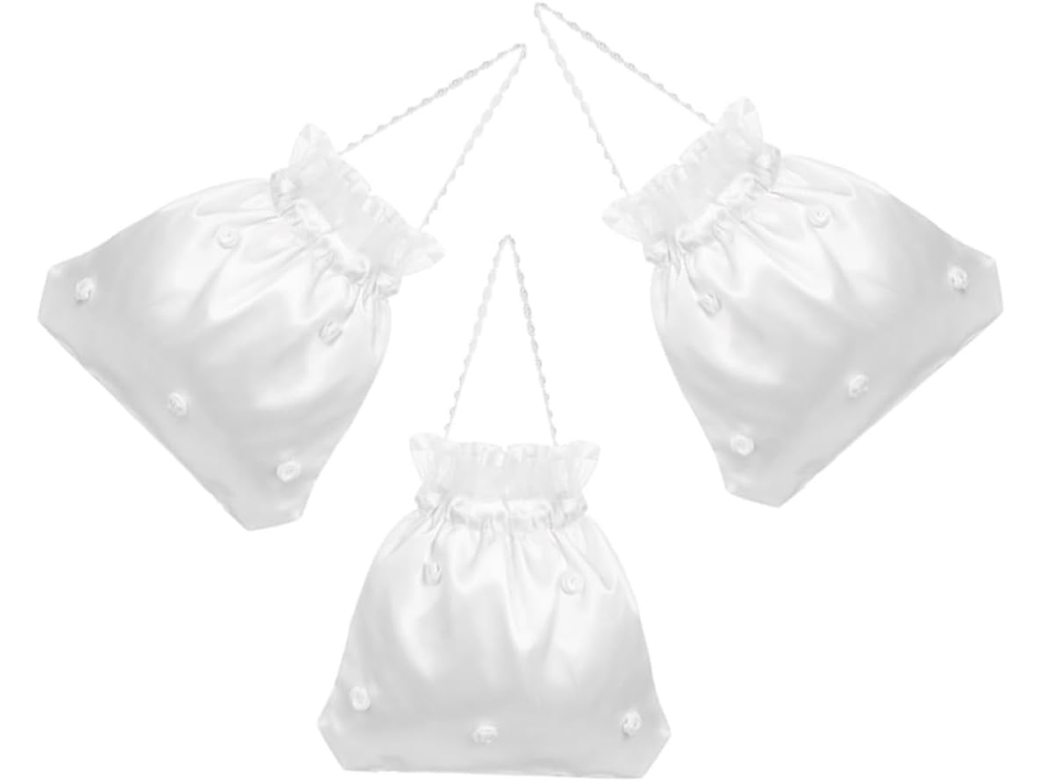 Conjunto De 3 Bolsas De Cetim Branco Decoradas Com Flores Para A Noiva E Suas Damas De Honra.