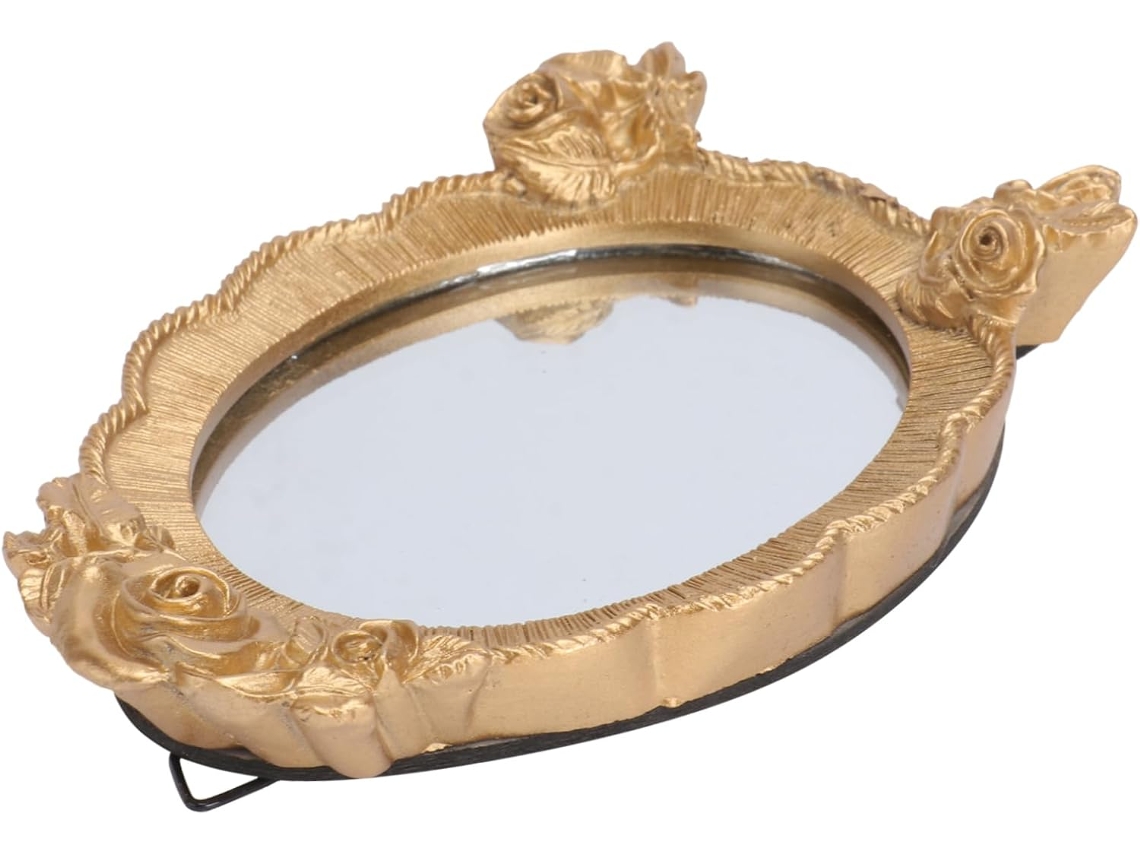 Espelho De Maquiagem Oval, Resina Dourada, Portátil, Moldura Oval Durável