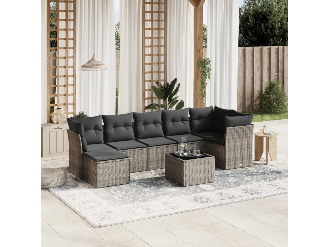 Conjunto de sofá de jardín de 8 piezas con cojines, ratán gris, DKD Home Decor