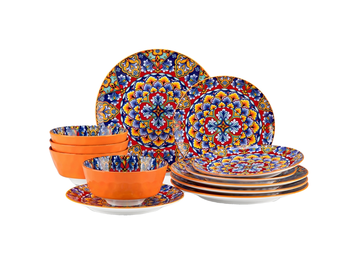 Juego de vajilla de cerámica, diseño floral vibrante, duradero y sin plomo, color naranja (02), 24 piezas.