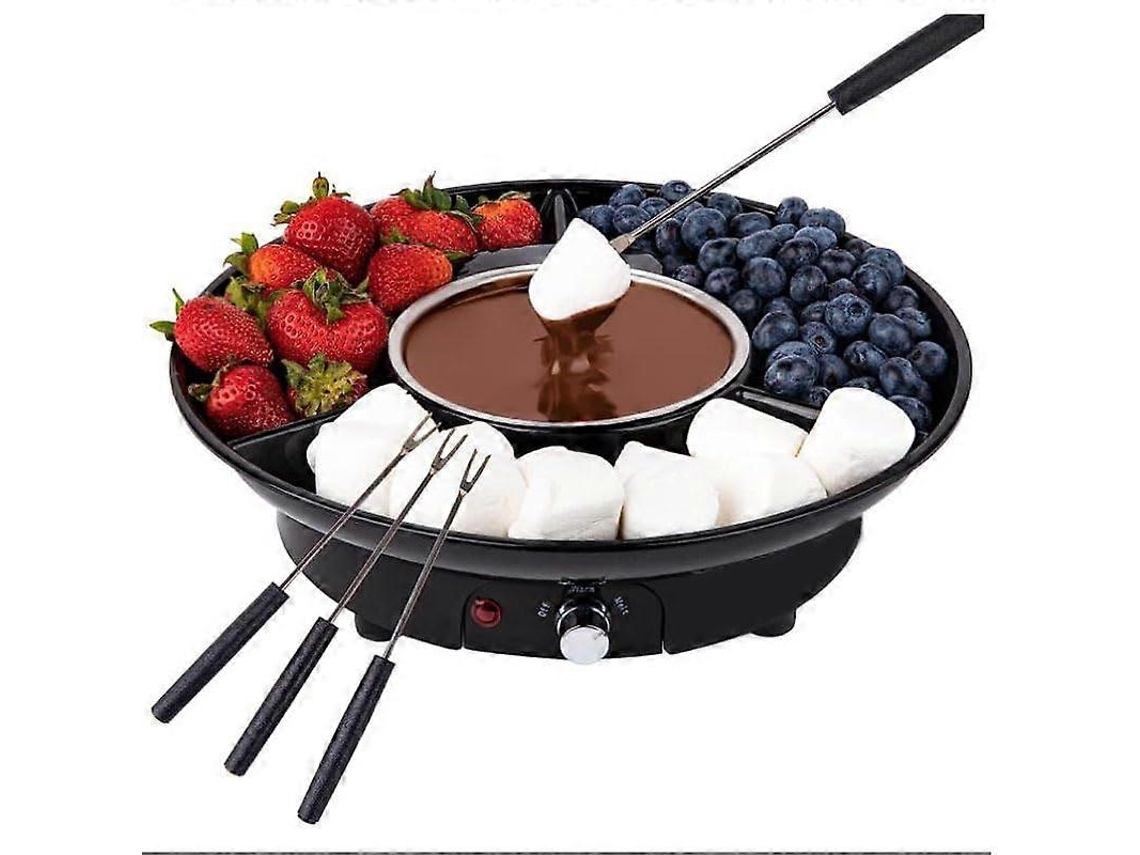 Juego eléctrico para fondue de chocolate con tenedores y recipiente extraíble, ideal para fiestas y el Día de San Valentín.