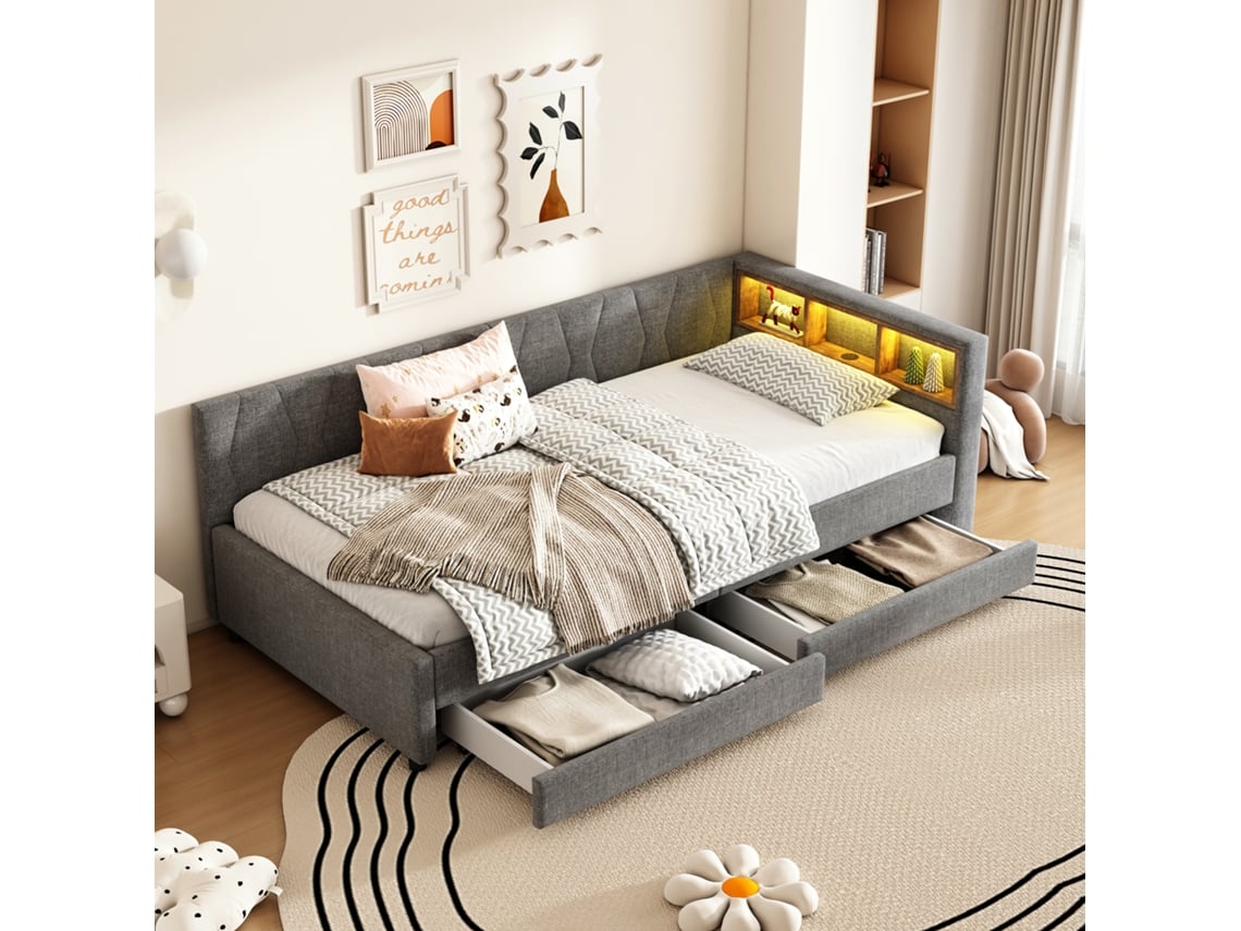 Sofá Cama De 90x200 Con Espacio De Almacenamiento, Usb-c, 2 Cajones, Somier De Láminas De Lino, Color Gris.