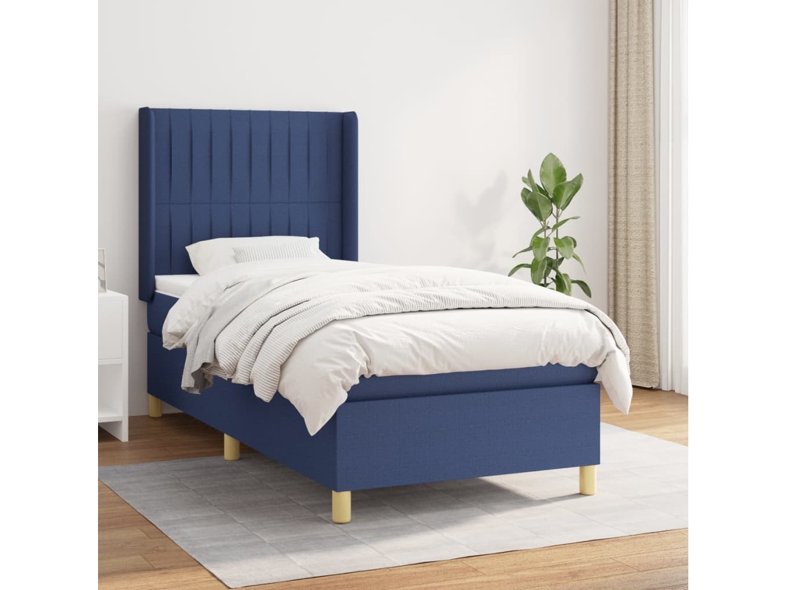 Cama Box Spring Con Colchón Tela Azul 90x190 Cm