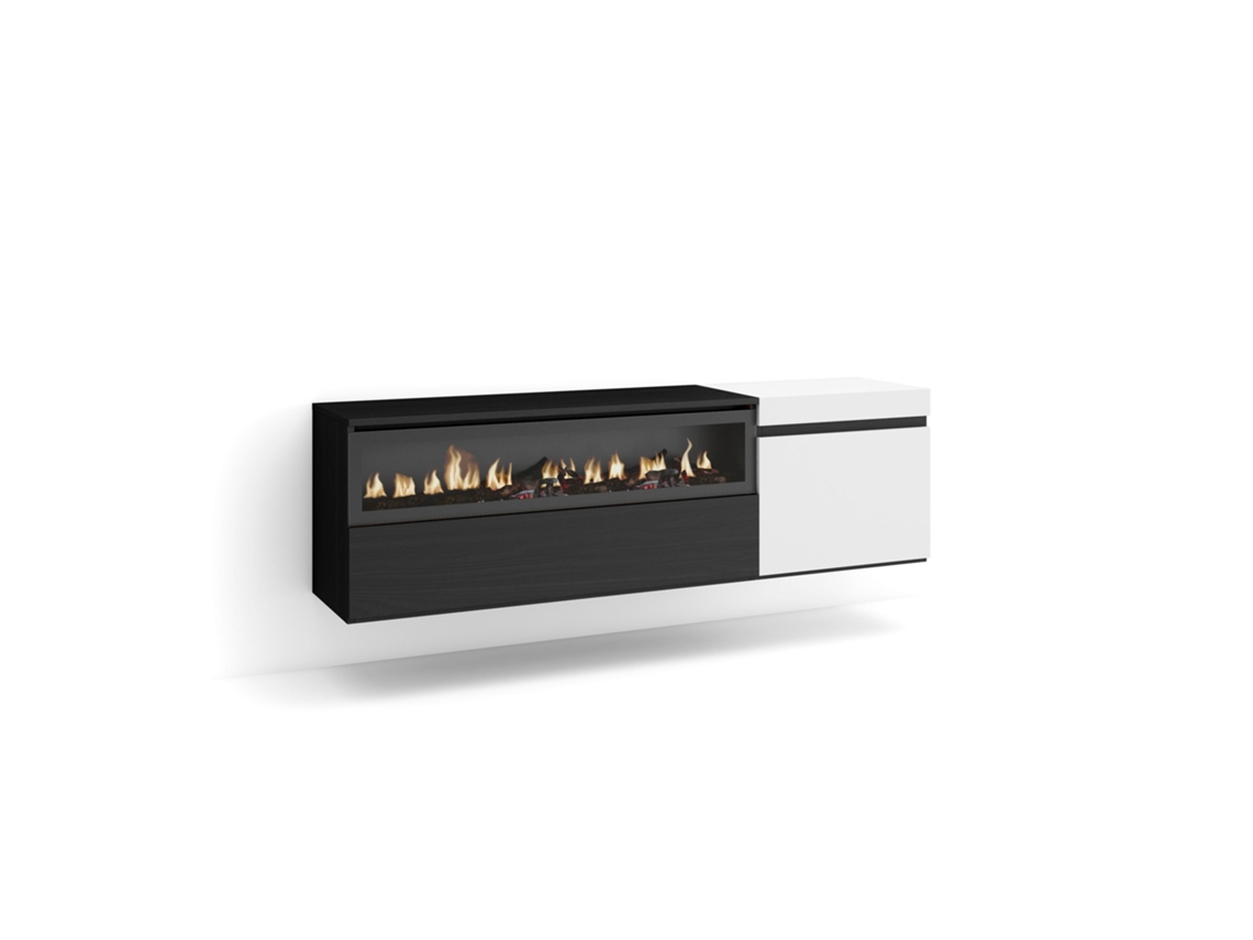 Mueble TV Televisión 150x45x35cm Para TV hasta 65 Chimenea eléctrica Colgado Suspendido Blanco y negro