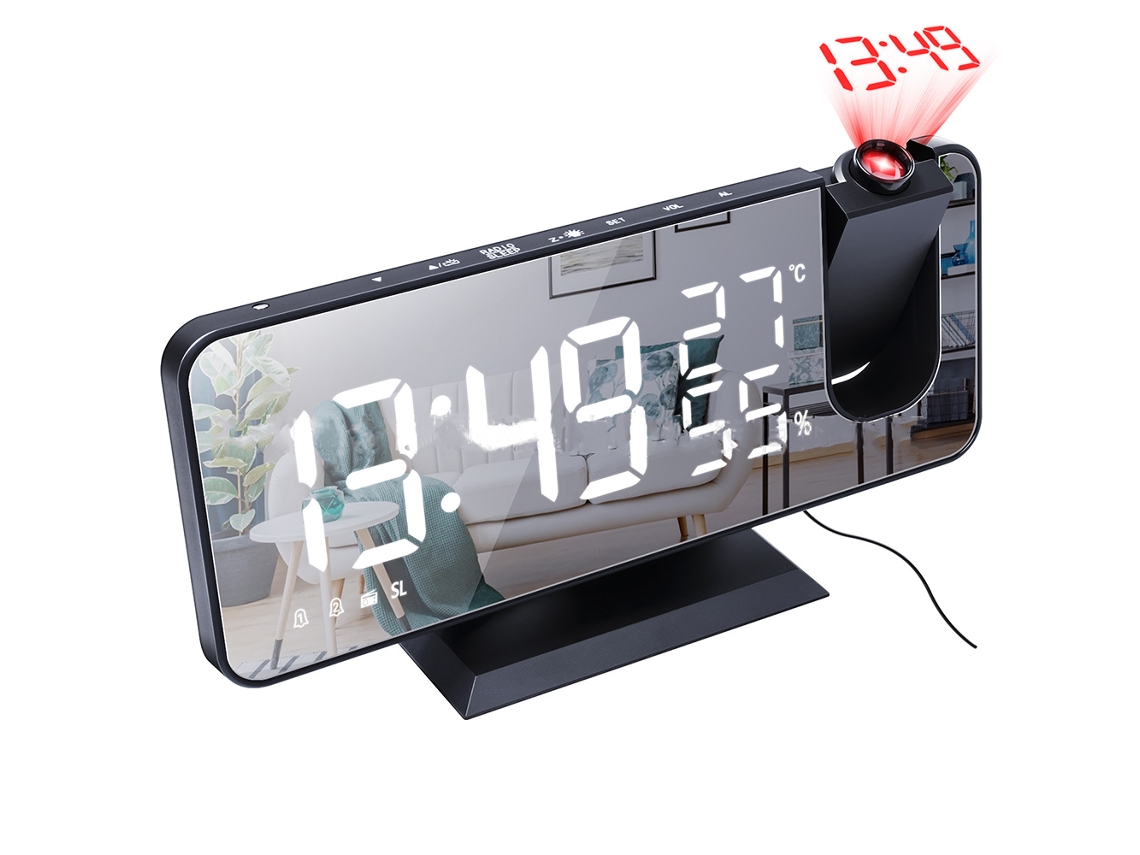 Reloj despertador con proyección y radio, conexión USB, pantalla LED Kofihety