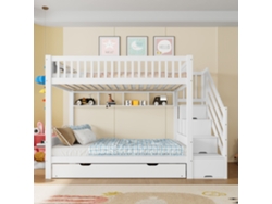 Litera infantil de 90 x 200 cm con cama supletoria, estantes, armario y compartimentos de almacenaje, color blanco Mobrio