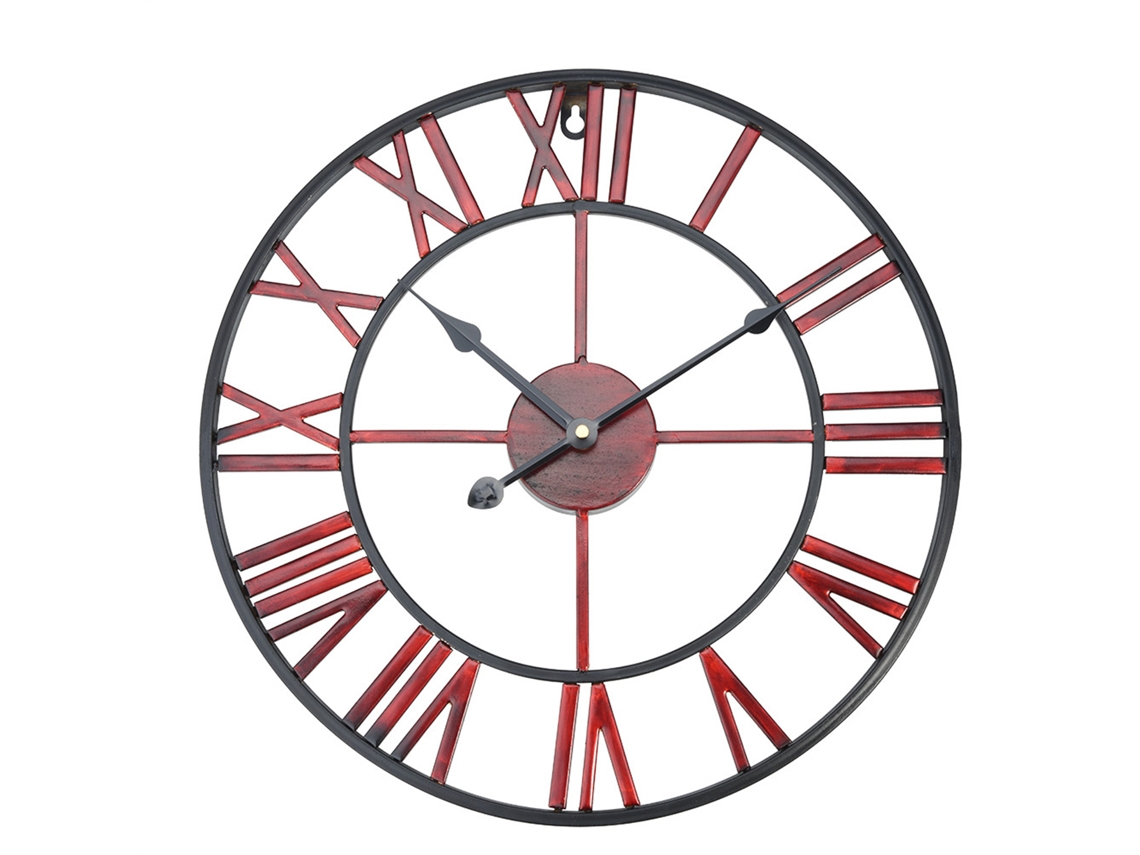 VYLARA Relógio De Parede Grande De Metal, Design Antigo E Clássico, Ferro Artesanal, Cor Bordô, 40 Cm De Diâmetro, Design Vazado Para Visual Estéreo, Movimen