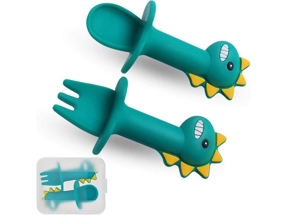 Juego De Cuchara Y Tenedor De Silicona Para Bebés Que Aprenden A Comer Solos, Con Barrera Antiatragantamiento (verde)