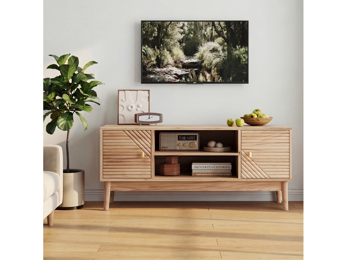 Mueble Para Tv En Roble, 110x40x48 Cm, Estilo Moderno Retro, Soporta Tv 32-45 Pulgadas, 1 Puerta Con Rejilla, Almacenamiento, Carga 50 Kg