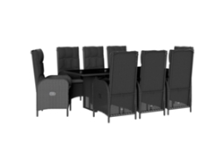 Juego de 9 piezas de comedor de jardín con cojines de mimbre, color negro, EXCLUSIVA DE LA CASA