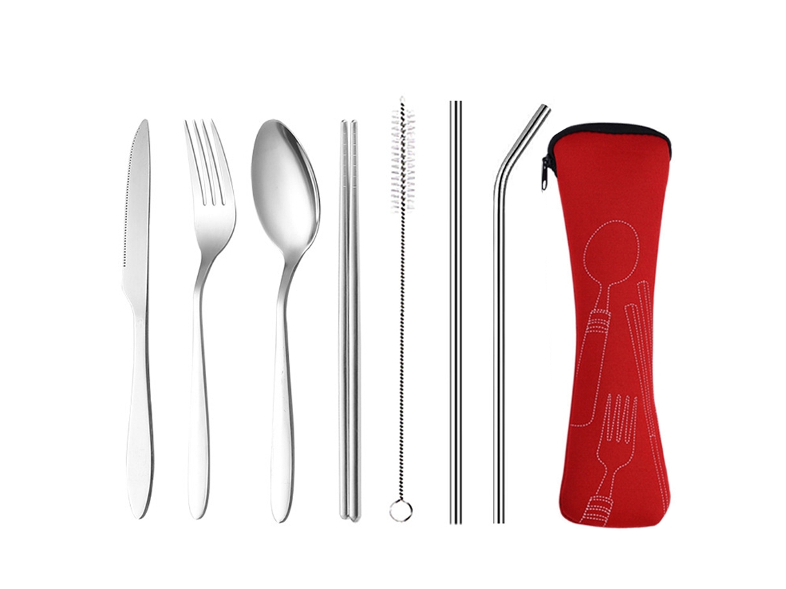 Juego de cubiertos portátiles de 7 piezas con estuche - Utensilios de viaje de acero inoxidable TRUYUETY